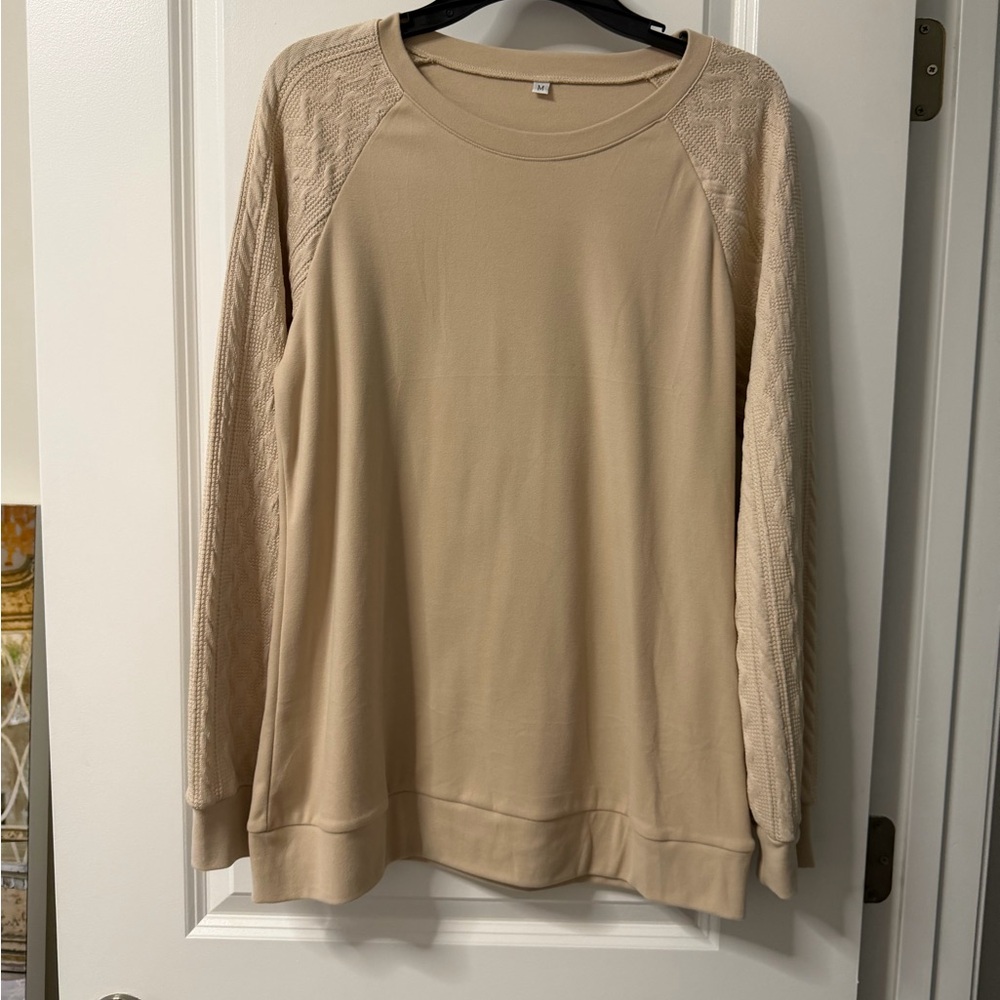 Neutral Beige Knit Sleeve Sweatshirt